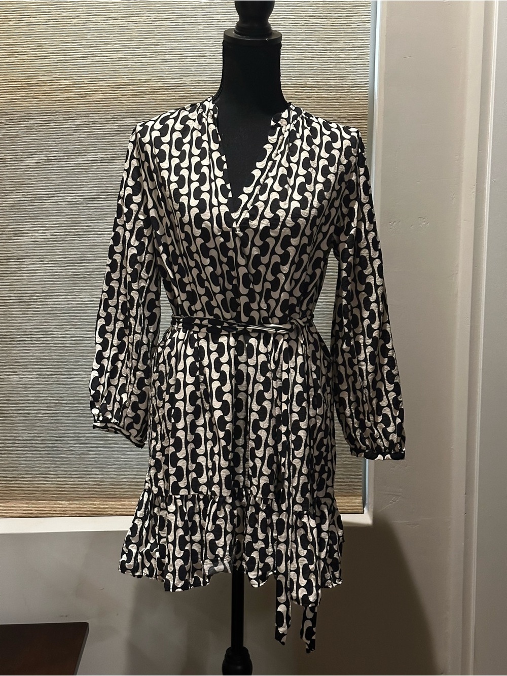 ZARA LS Black & Cream Print Belted Mini Dress ‘The Paula’